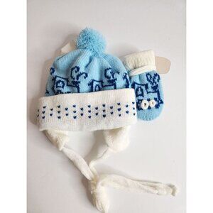 Vintage‎ blue white knit baby hat mitten set tie chin retro 80s
